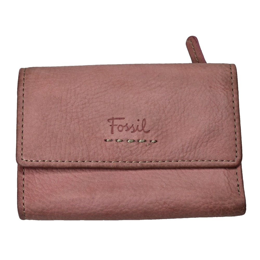Fossil Wallet Womens Pink Genuine Leather Trifold‎ Snap RFID Zip Pocket Purse